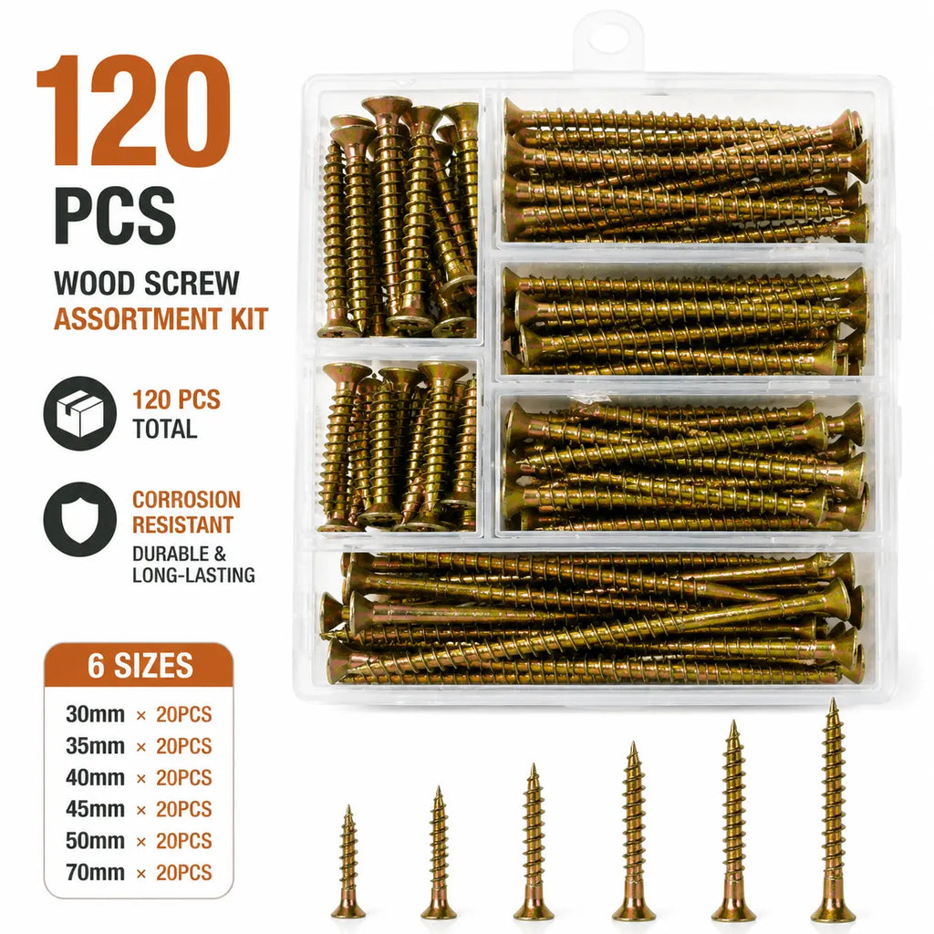 120-piece wood screw assortment kit in a clear organizer box