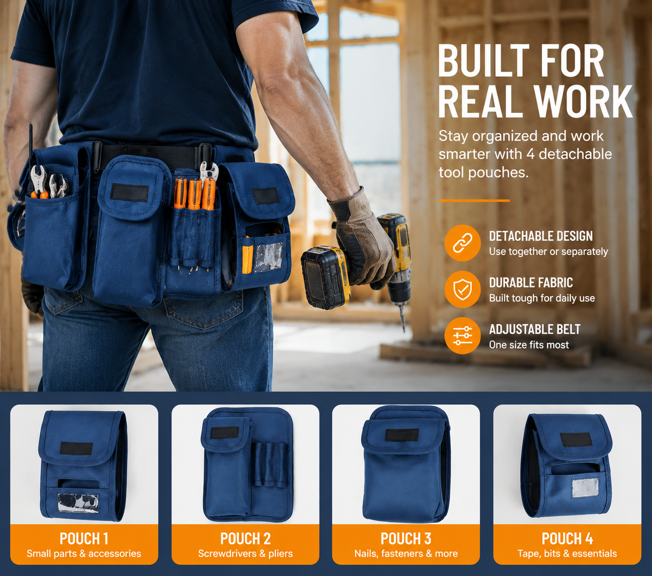 Detachable Tool Belt with 4 Removable Pouches – Heavy Duty Work Belt Organizer for Construction, DIY & Workshop