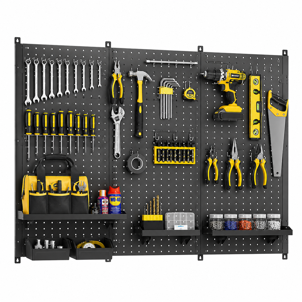 Heavy Duty Metal Pegboard Wall Organizer with Hooks – Garage Tool Storage Panel for Workshop, Workbench & Home Organization