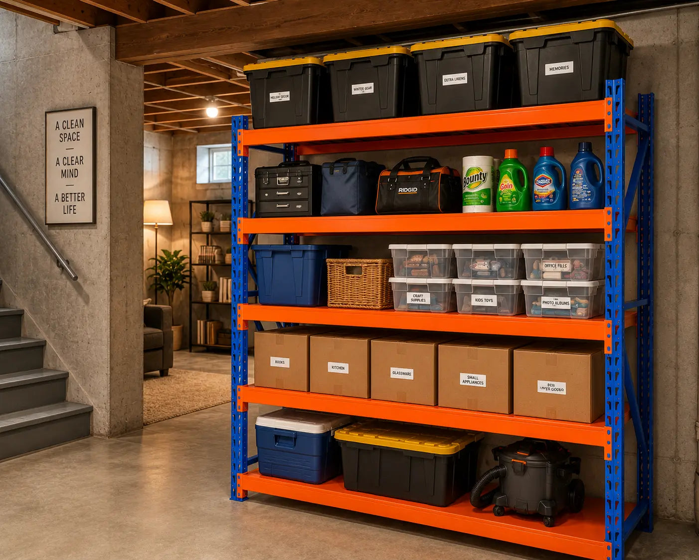 Industrial steel storage shelving detail view