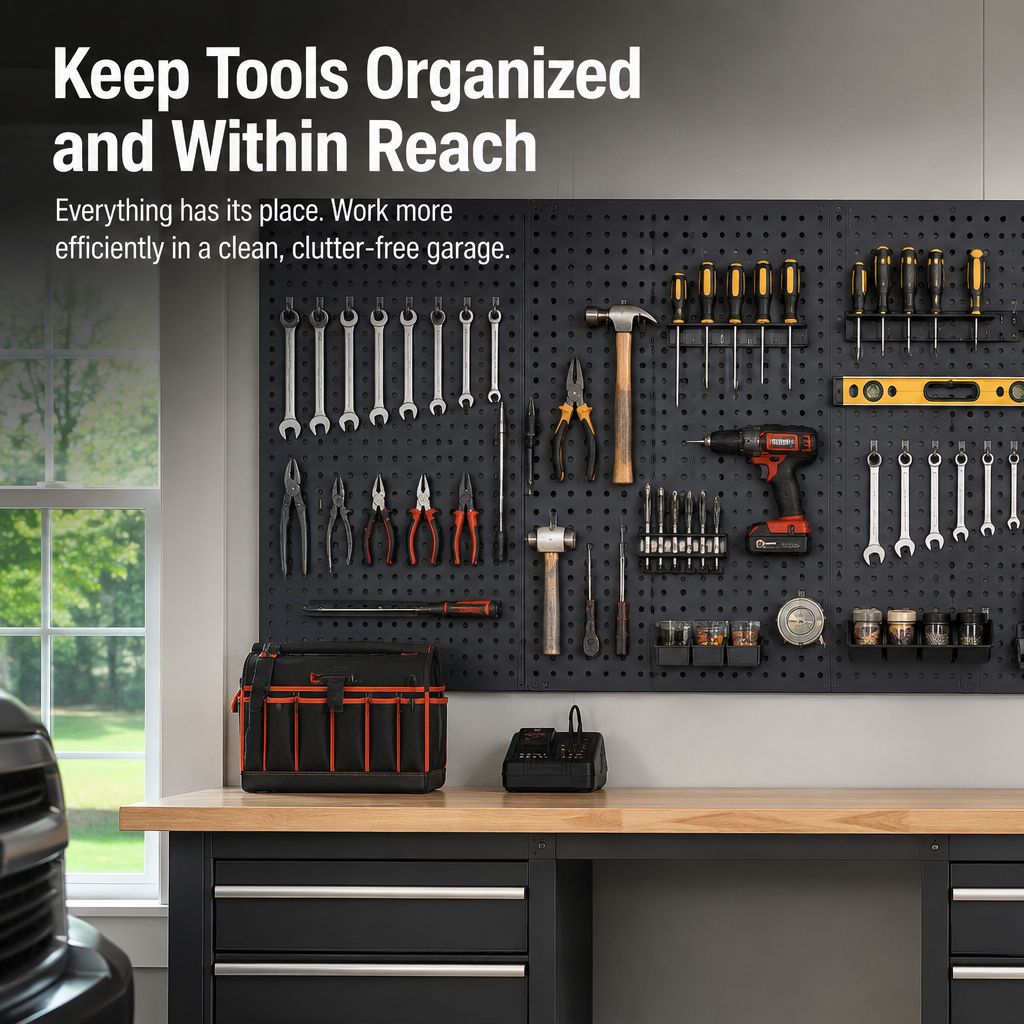 Heavy Duty Metal Pegboard Wall Organizer with Hooks – Garage Tool Storage Panel for Workshop, Workbench & Home Organization