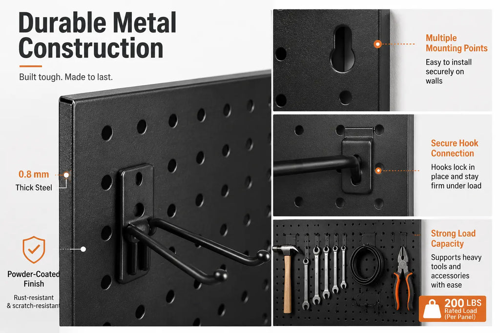 Metal pegboard panel and hook detail