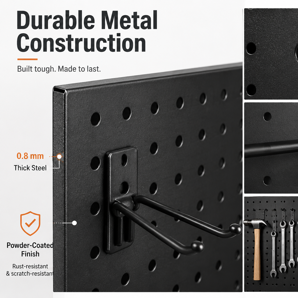 Heavy Duty Metal Pegboard Wall Organizer with Hooks – Garage Tool Storage Panel for Workshop, Workbench & Home Organization
