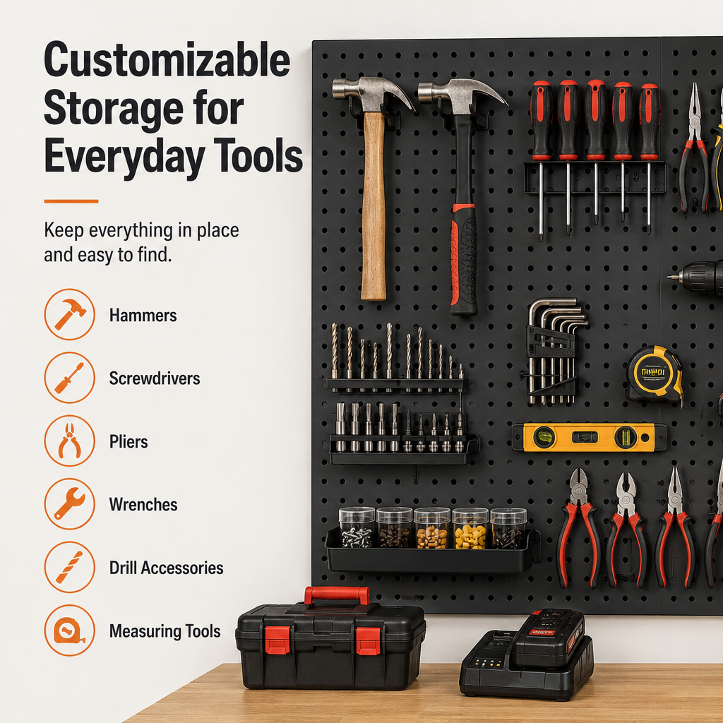 Heavy Duty Metal Pegboard Wall Organizer with Hooks – Garage Tool Storage Panel for Workshop, Workbench & Home Organization