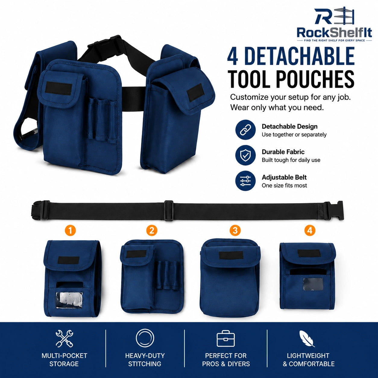 Four detachable tool pouches