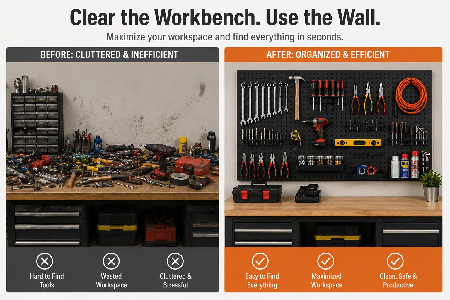 Wall-mounted pegboard organizer detail