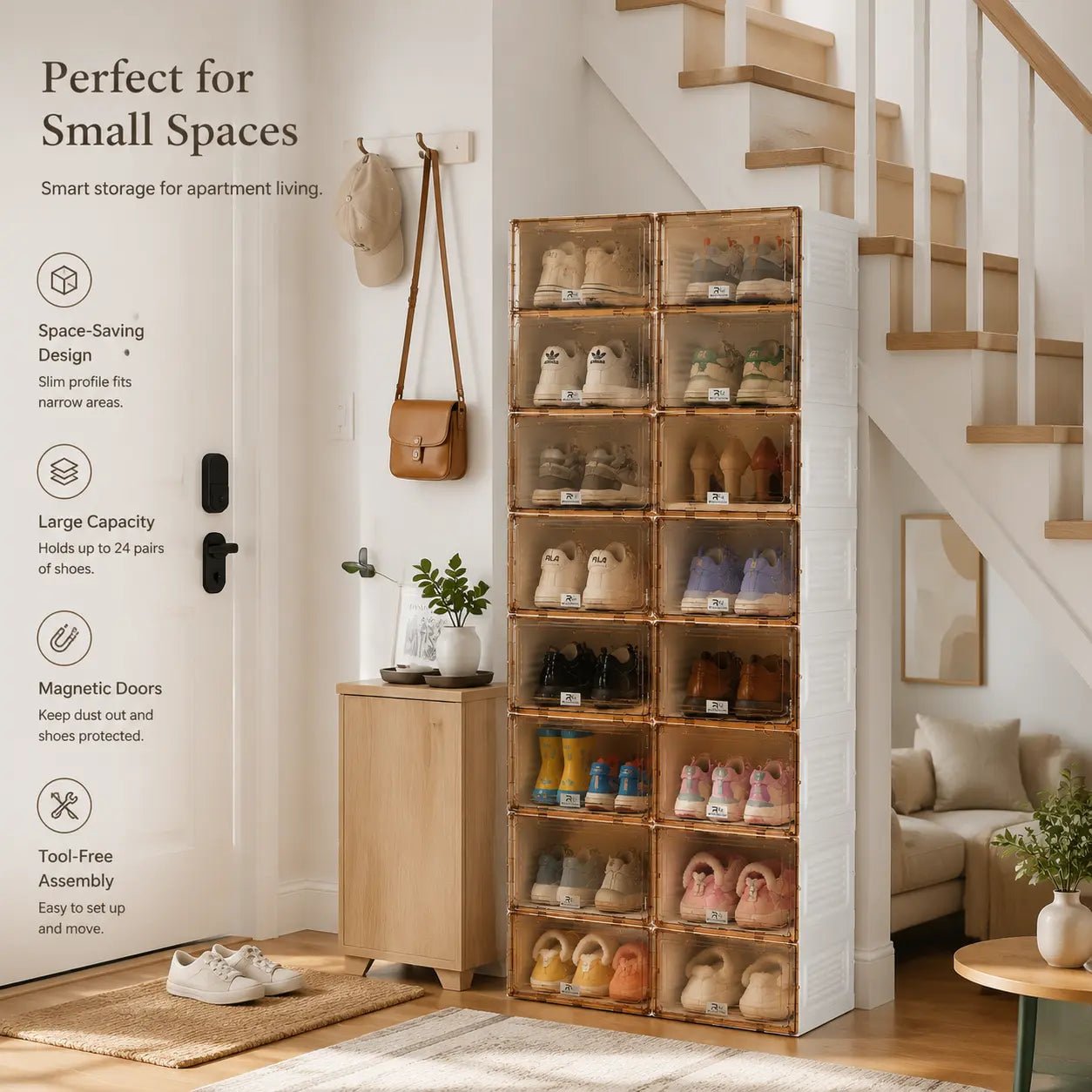40-pair foldable shoe storage cabinet with clear doors
