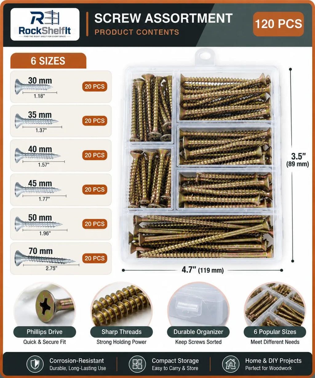 Six wood screw sizes and quantities in the 120-piece assortment