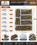 Six wood screw sizes and quantities in the 120-piece assortment
