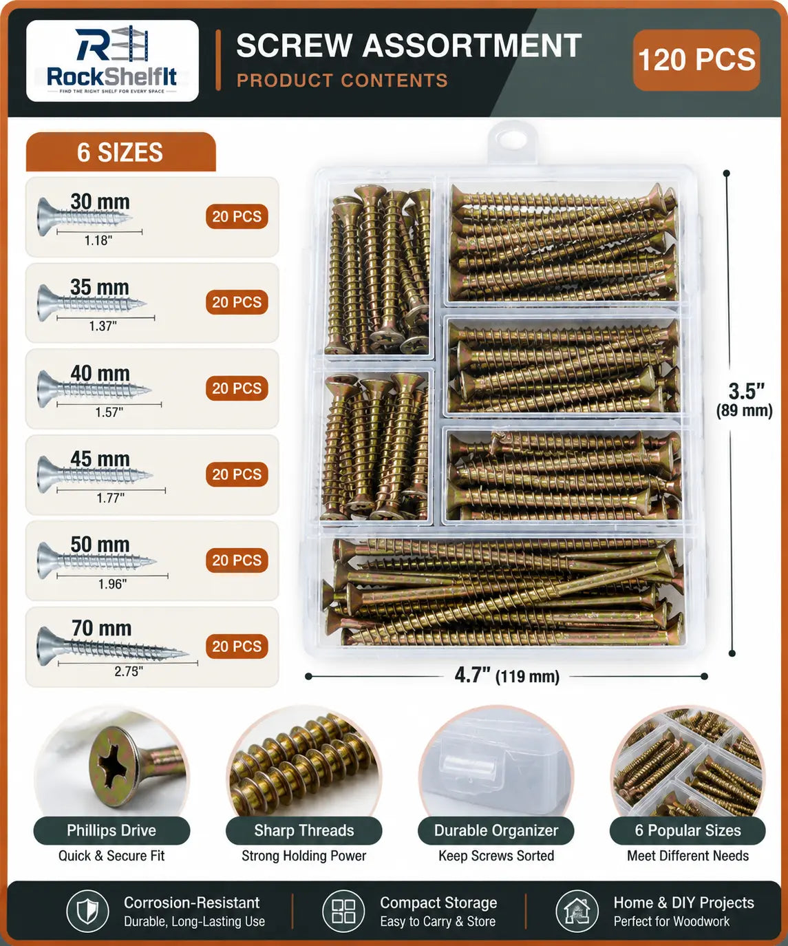 Six wood screw sizes and quantities in the 120-piece assortment