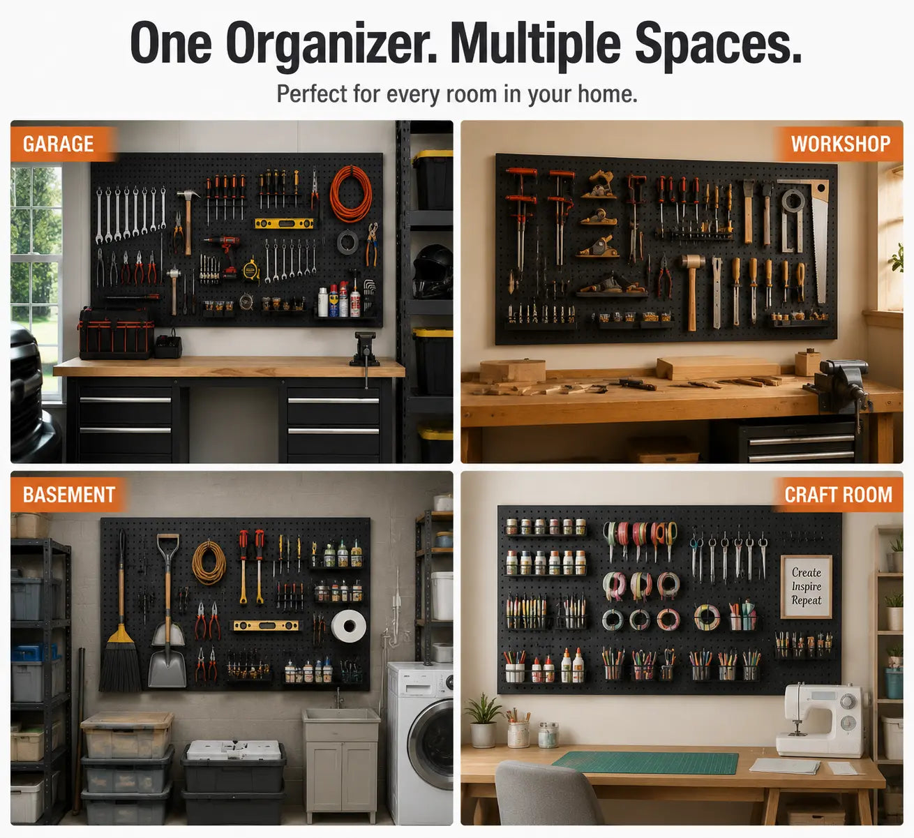 Garage pegboard with organized hand tools