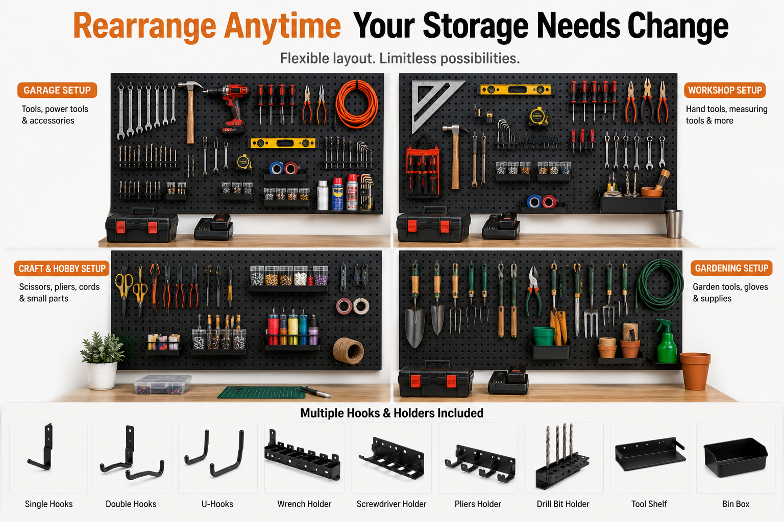 Heavy Duty Metal Pegboard Wall Organizer with Hooks – Garage Tool Storage Panel for Workshop, Workbench & Home Organization