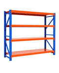 Orange and blue 4-tier heavy-duty steel shelving unit, 200 x 60 x 200 cm