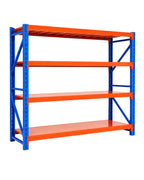 Orange and blue 4-tier heavy-duty steel shelving unit, 200 x 60 x 200 cm