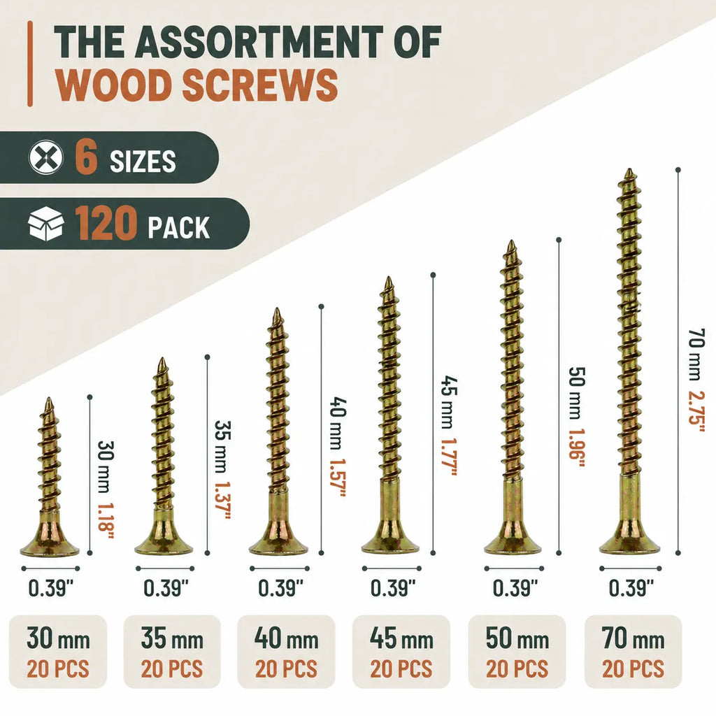 Wood screw size guide from 30 mm to 70 mm