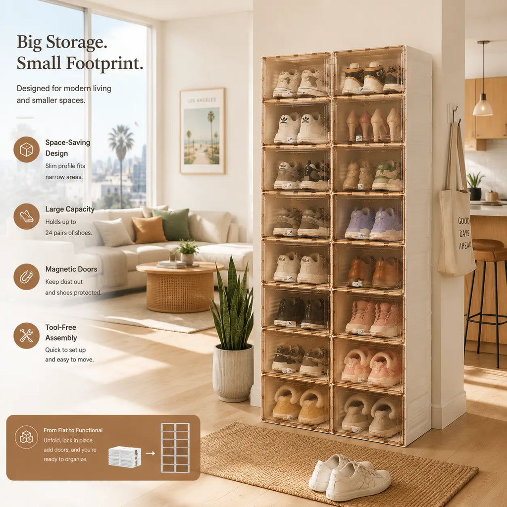 Clear-door shoe cabinet for closet storage