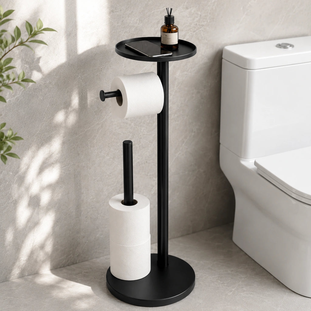 Freestanding Toilet Paper Holder with Storage Shelf-Black