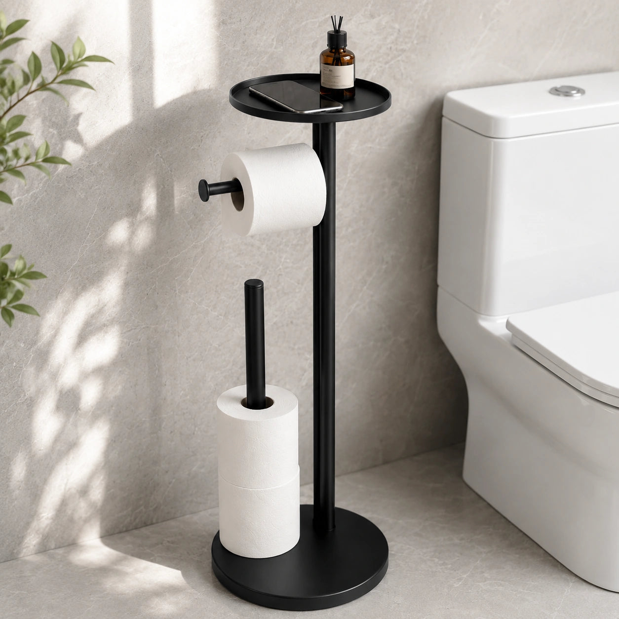 Freestanding Toilet Paper Holder with Storage Shelf-Black