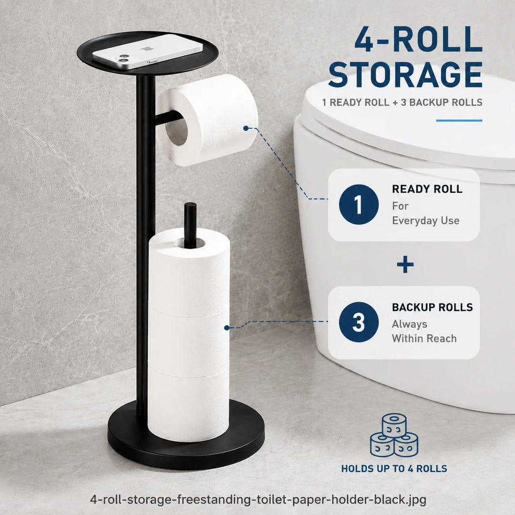 Freestanding Toilet Paper Holder with Storage Shelf-Black