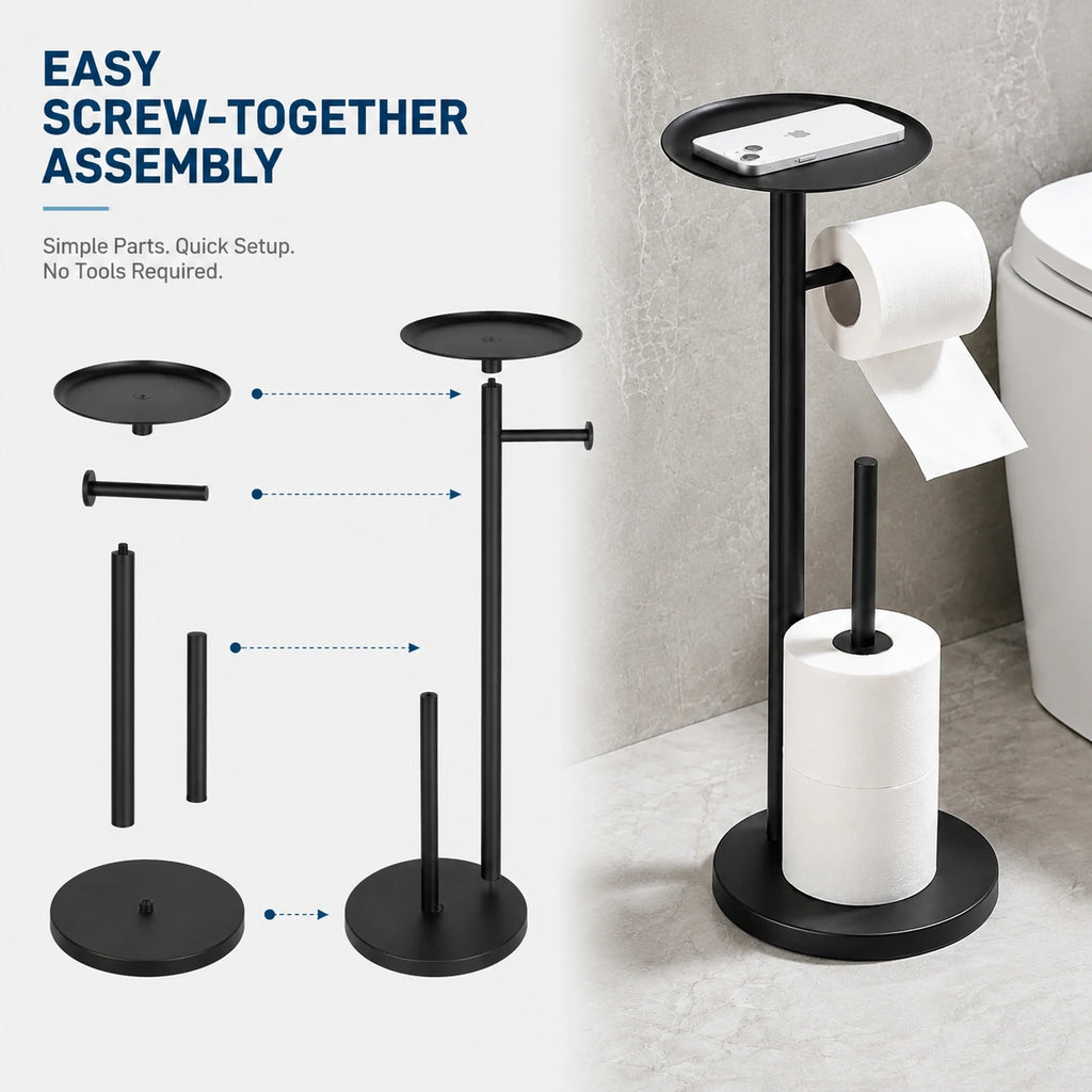 Freestanding Toilet Paper Holder with Storage Shelf-Black
