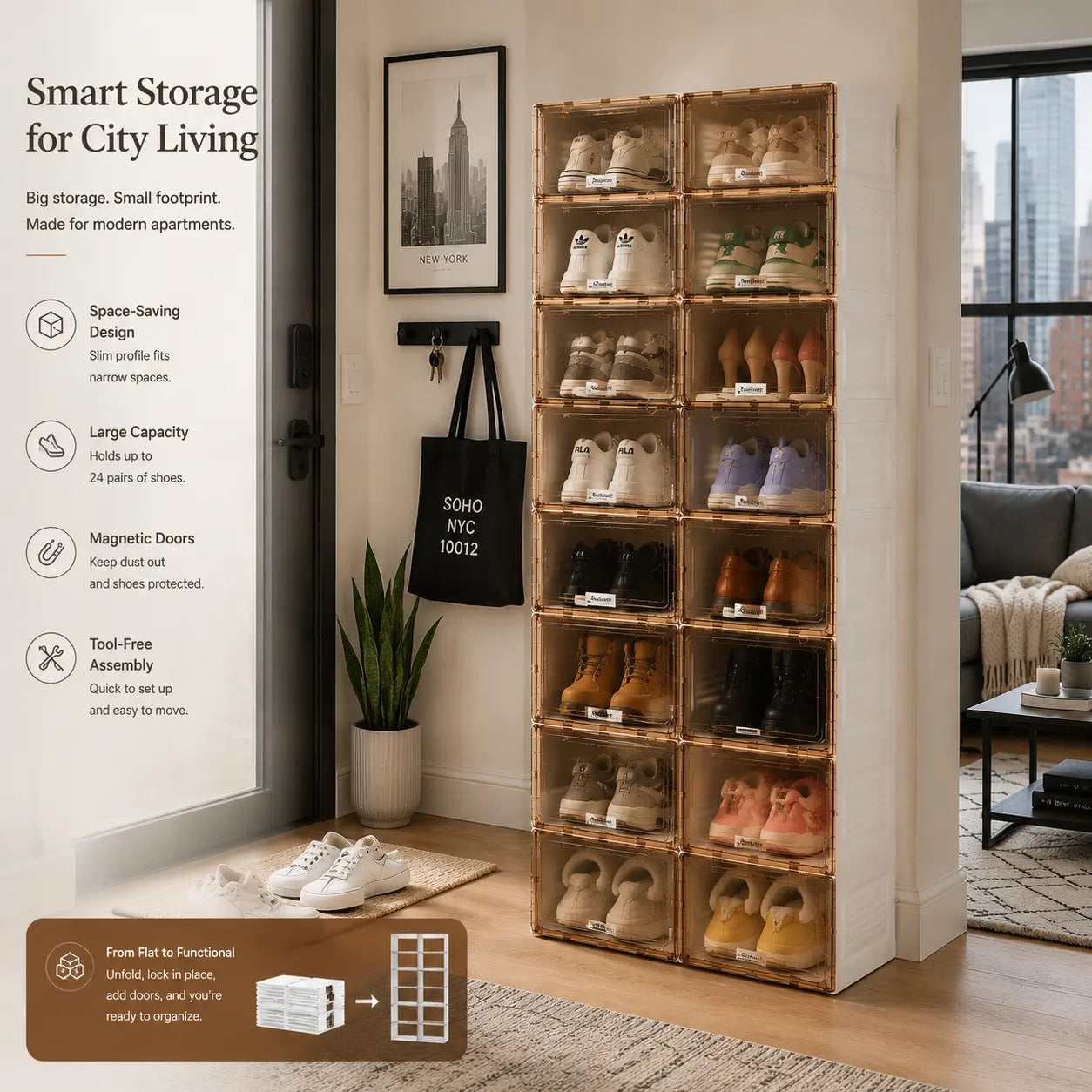 Ten-tier shoe storage cabinet interior