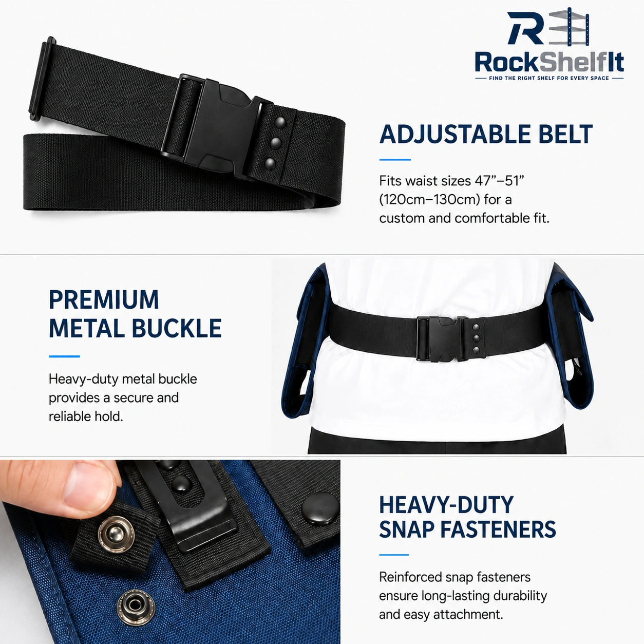 Adjustable tool belt buckle and strap detail