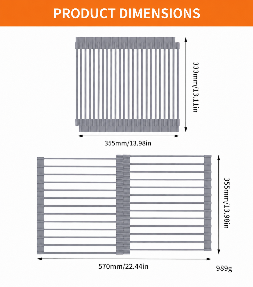 Expandable roll-up dish drying rack dimensions from 13.98 to 22.44 inches