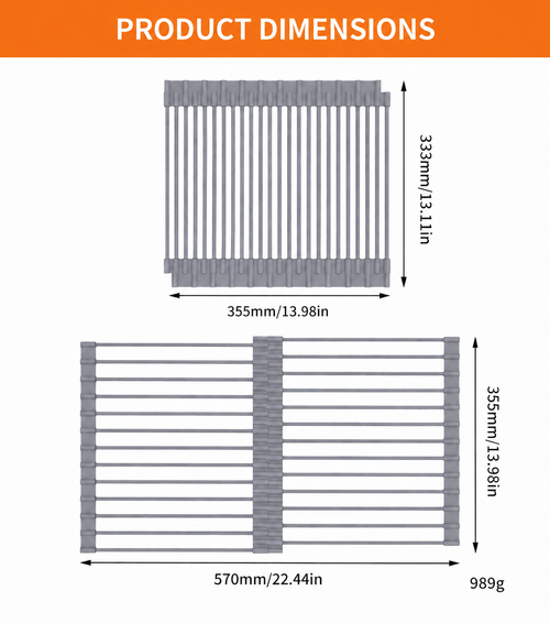 Expandable roll-up dish drying rack dimensions from 13.98 to 22.44 inches