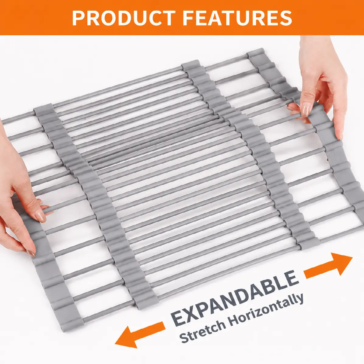 Expandable gray roll-up dish drying rack over a sink