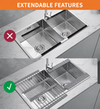 Extendable over sink dish drying rack fits a wider range of sink sizes