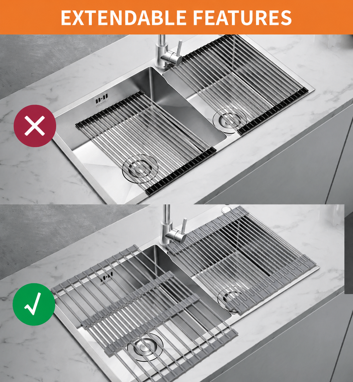 Extendable over sink dish drying rack fits a wider range of sink sizes