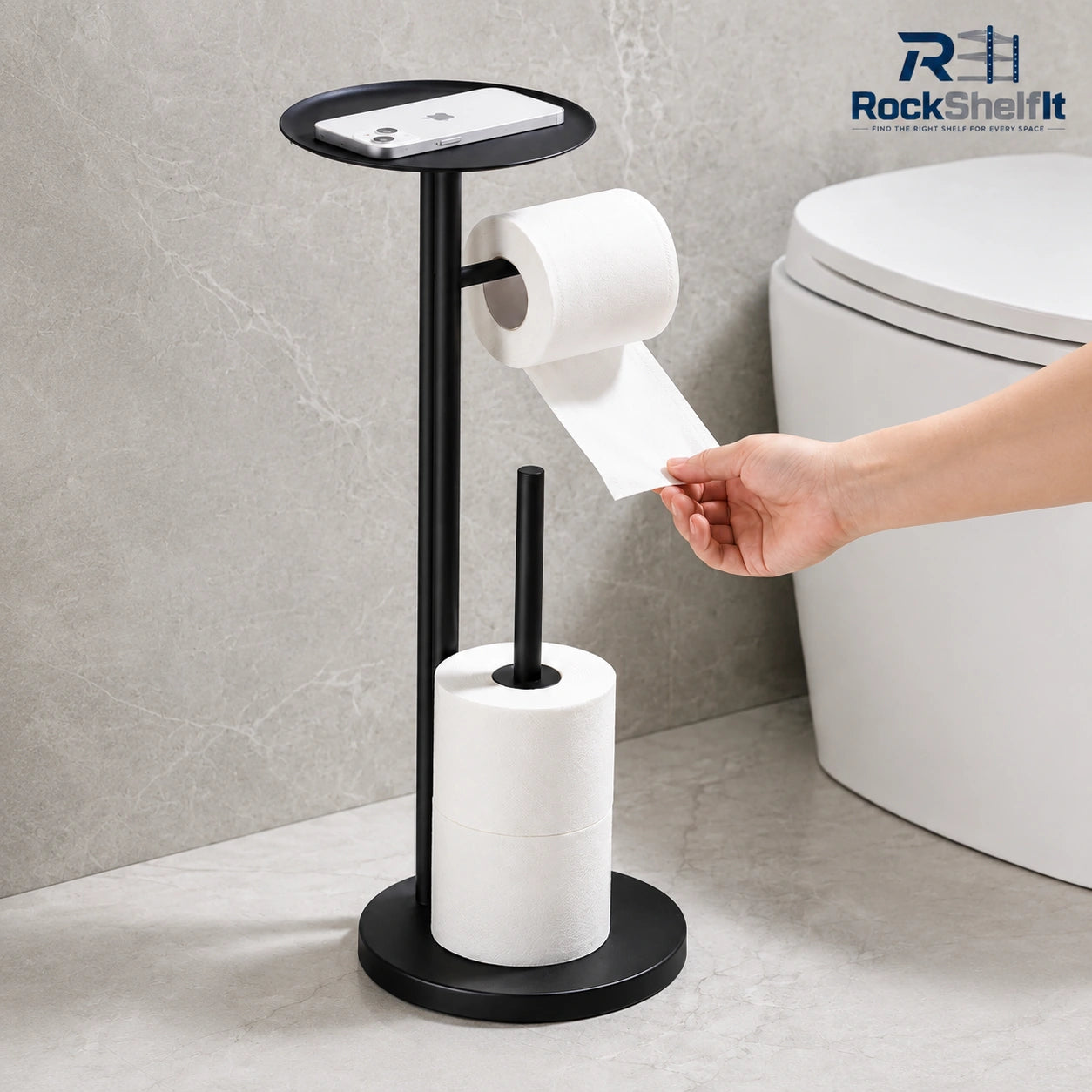 Black freestanding toilet paper holder with top shelf and reserve roll storage