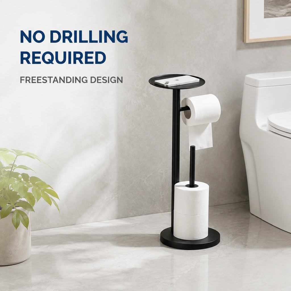 Freestanding Toilet Paper Holder with Storage Shelf-Black