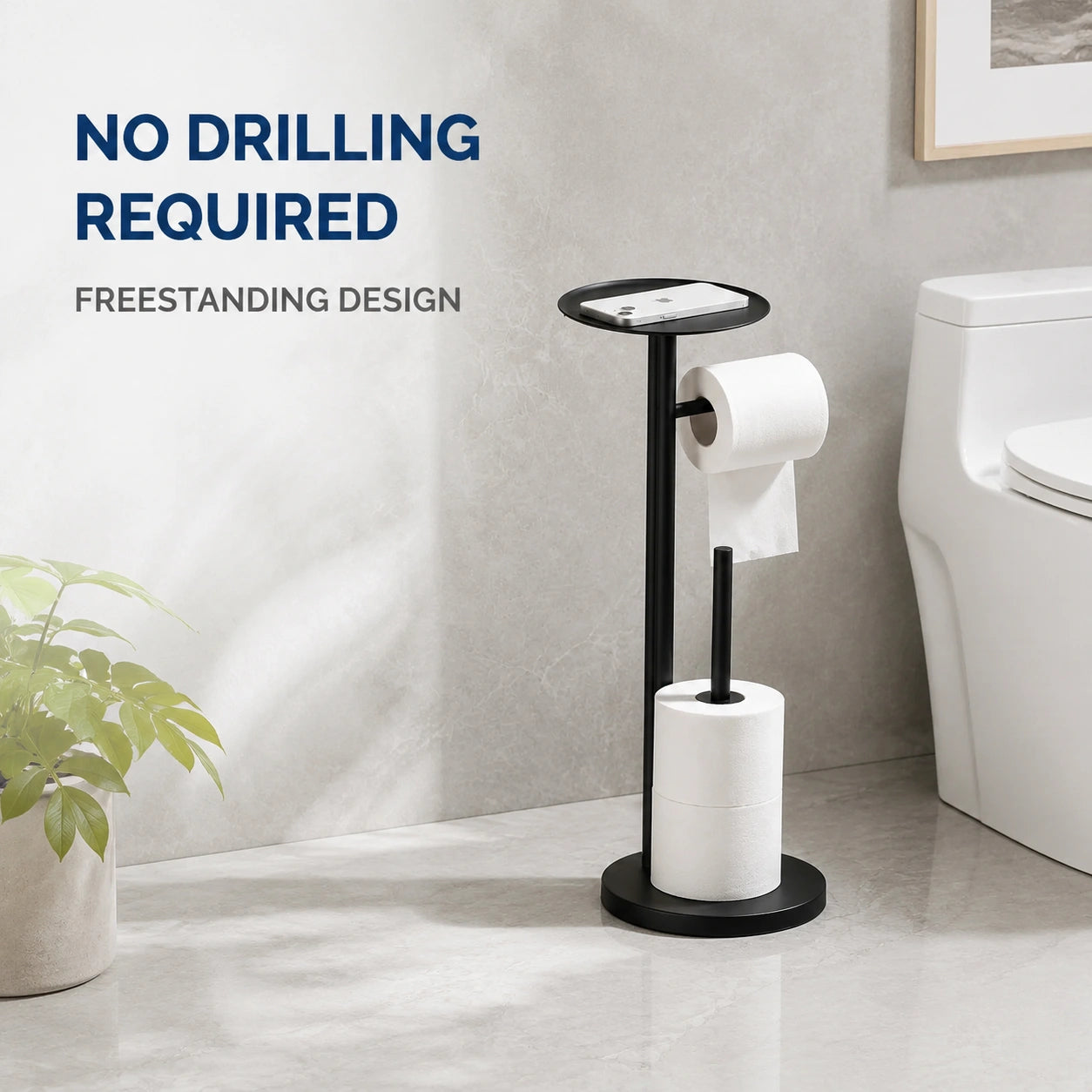 Freestanding Toilet Paper Holder with Storage Shelf-Black