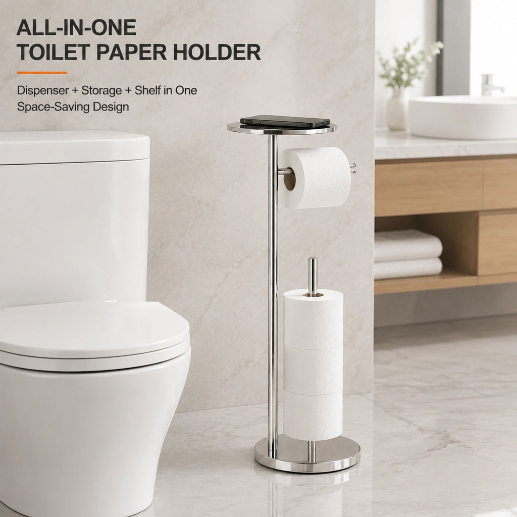 Modern freestanding toilet paper holder for bathroom storage