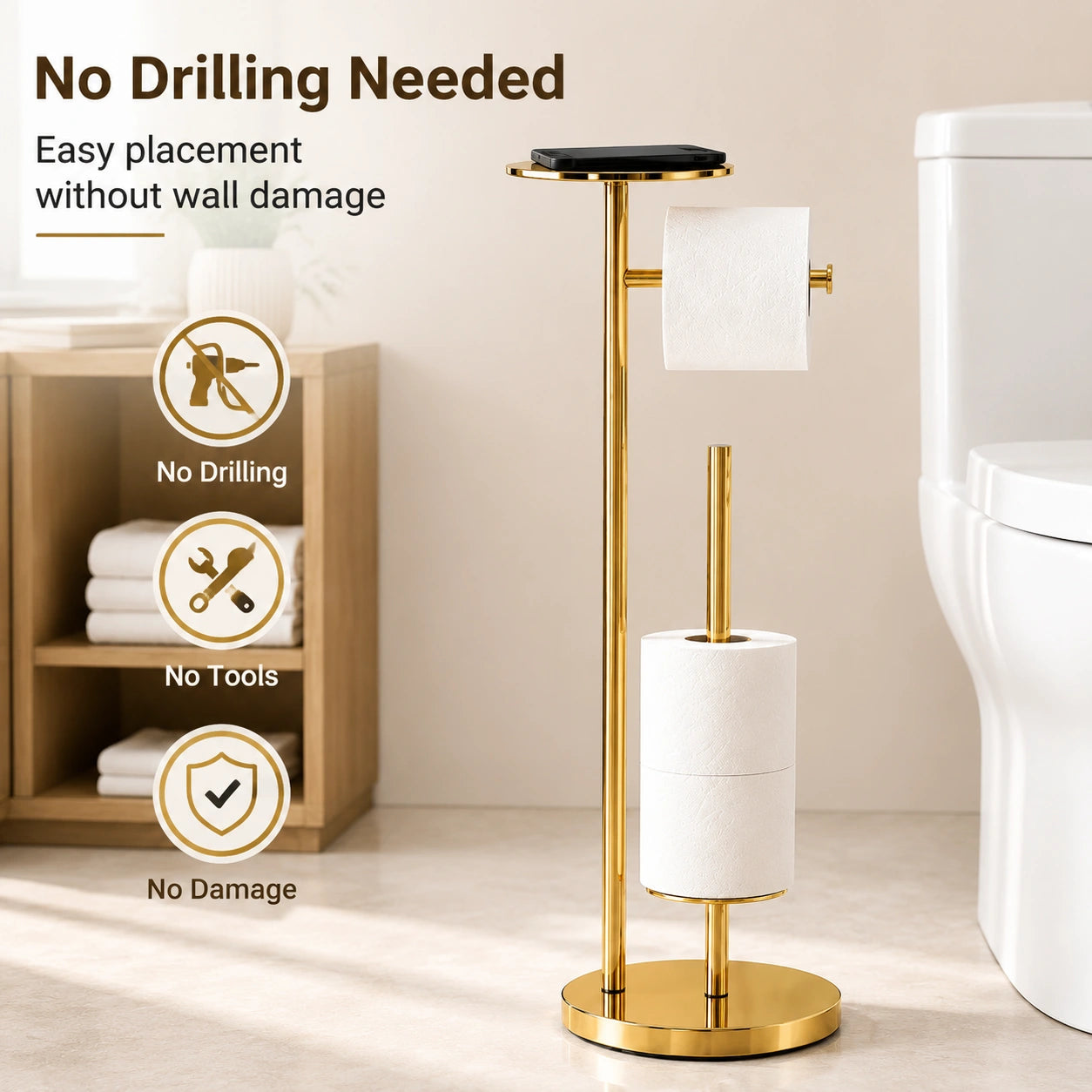 Modern Gold Toilet Paper Holder Stand with Storage – Freestanding Bathroom Toilet Roll Holder Rack