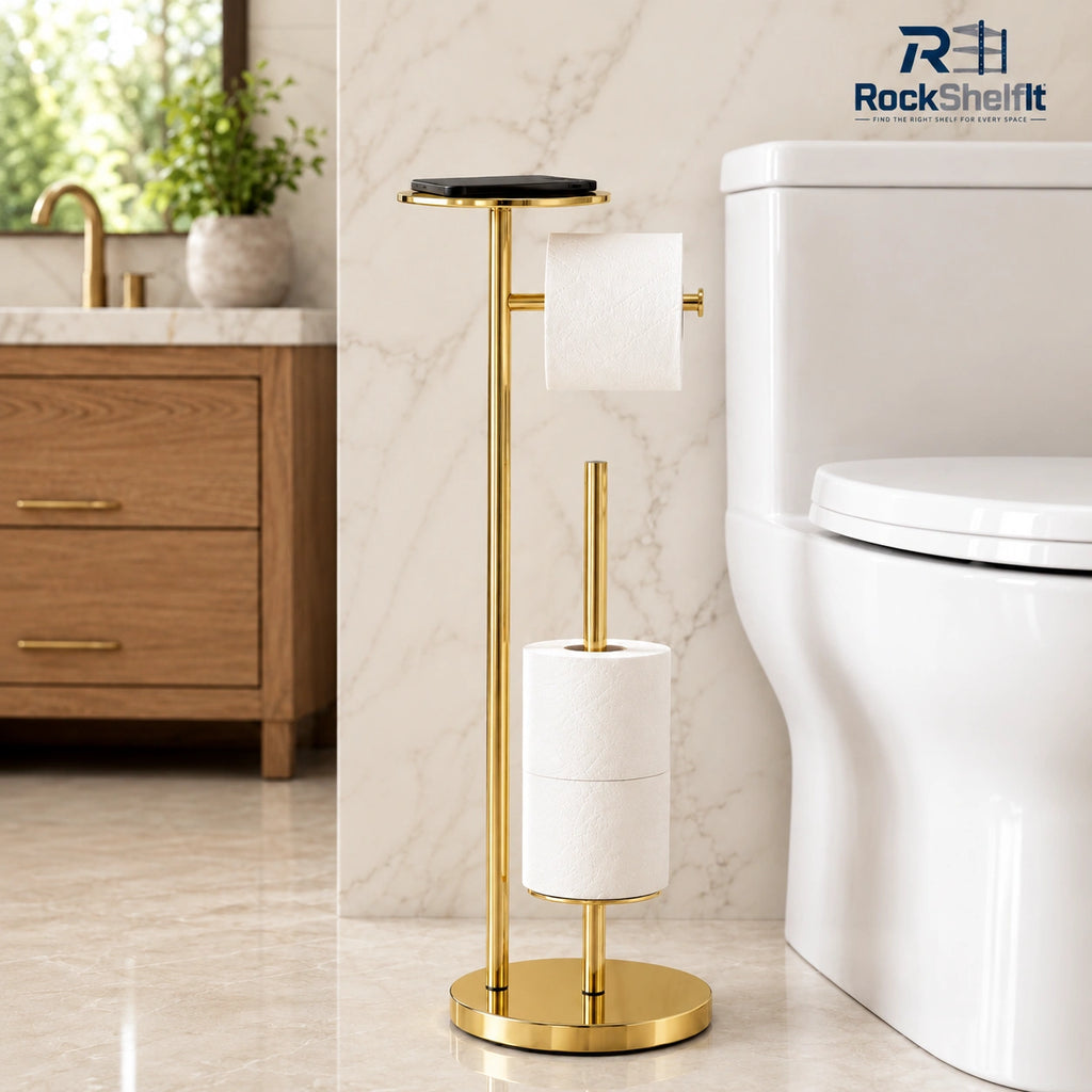 Gold freestanding toilet paper holder with top shelf and reserve roll storage
