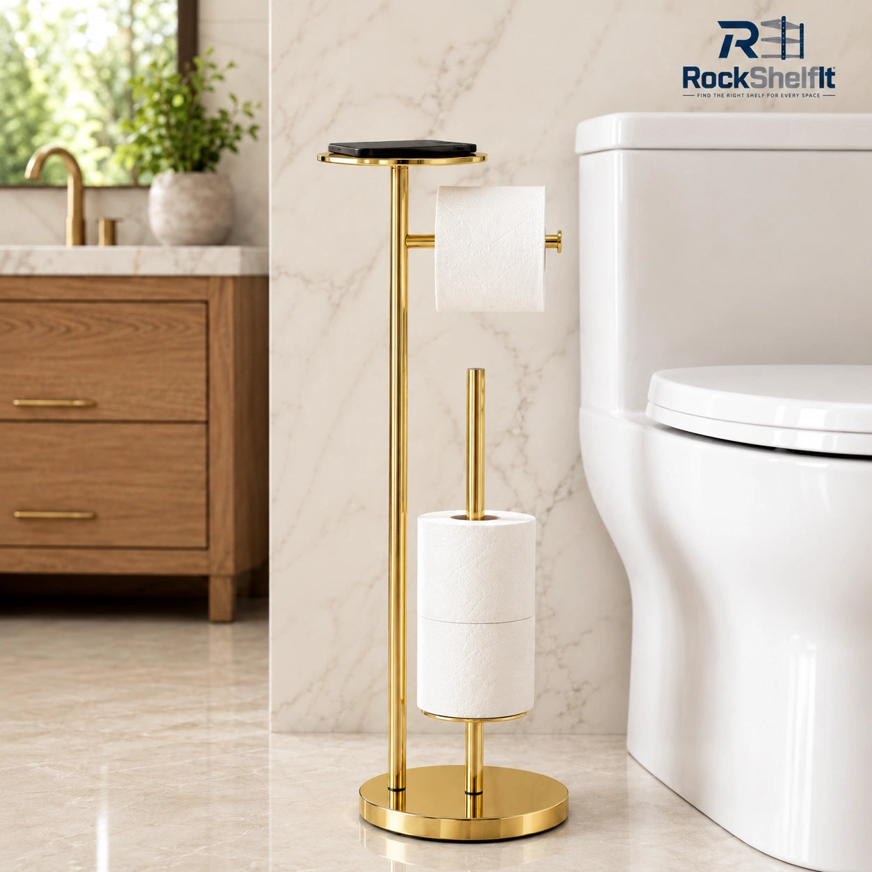 Gold freestanding toilet paper holder with top shelf and reserve roll storage