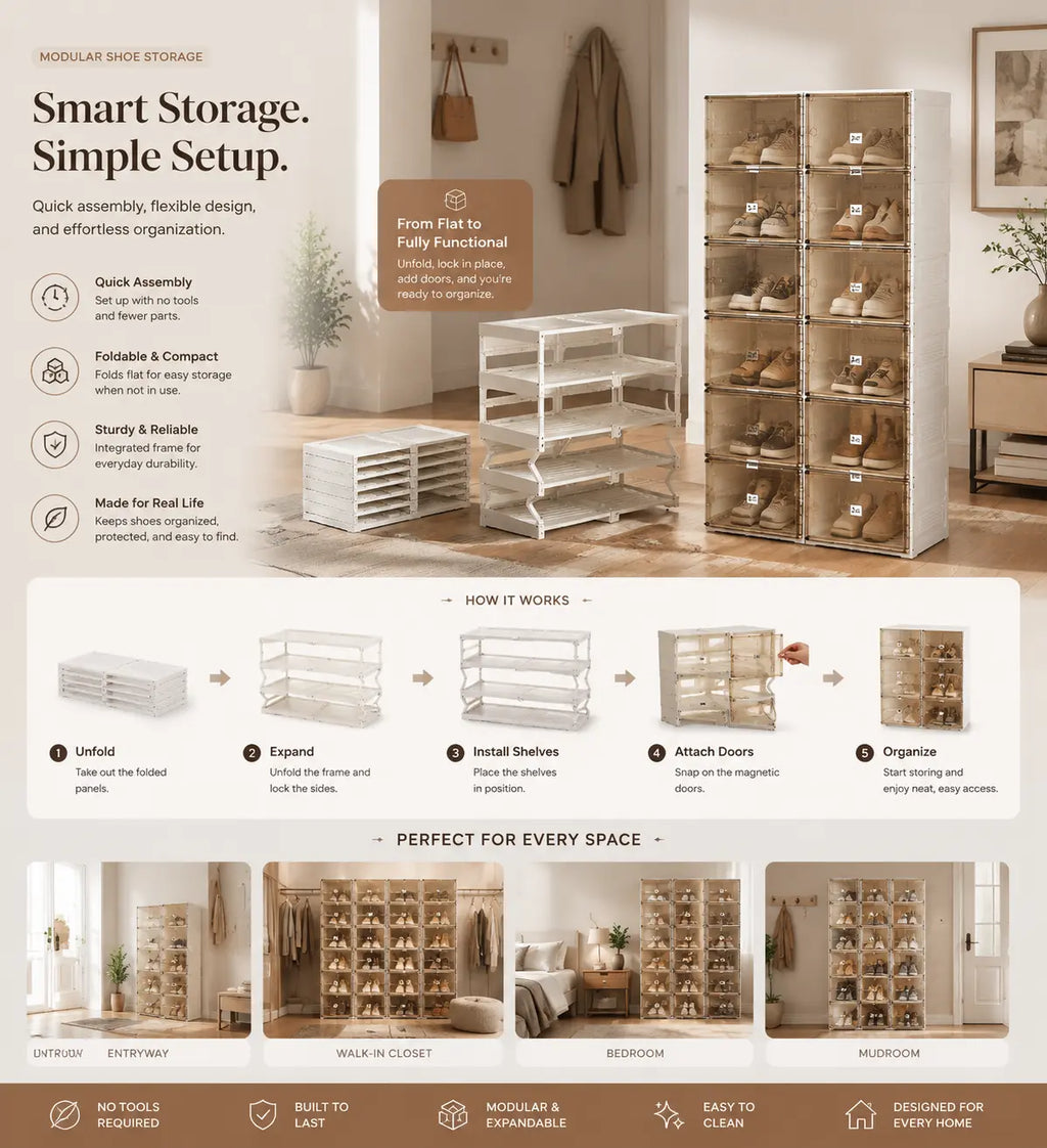 Foldable shoe storage cabinet assembly guide