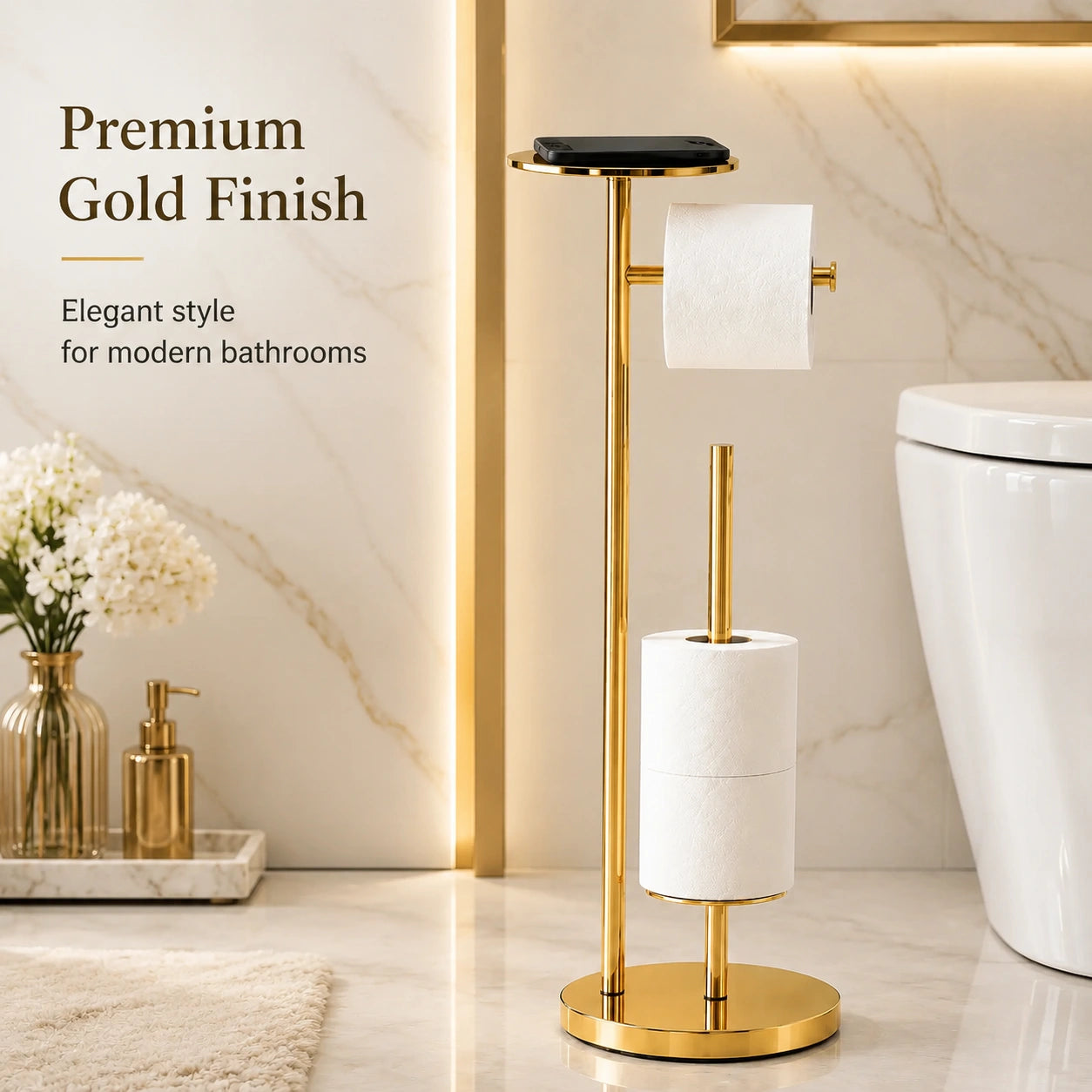 Modern Gold Toilet Paper Holder Stand with Storage – Freestanding Bathroom Toilet Roll Holder Rack