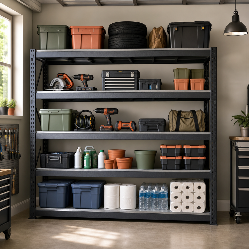 Heavy-duty garage shelving with tools, bins, and organized storage