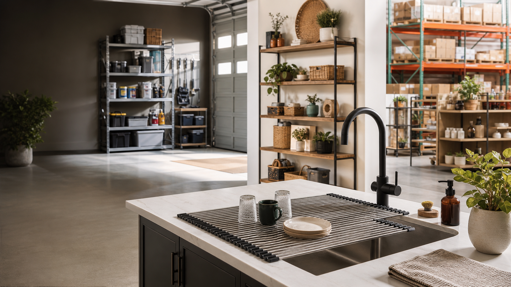 RockShelfIt storage solutions hero with kitchen, home, garage, retail, and warehouse organization