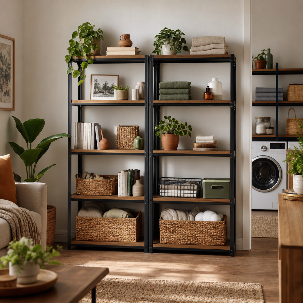 Home storage shelves with baskets and modern living room organization