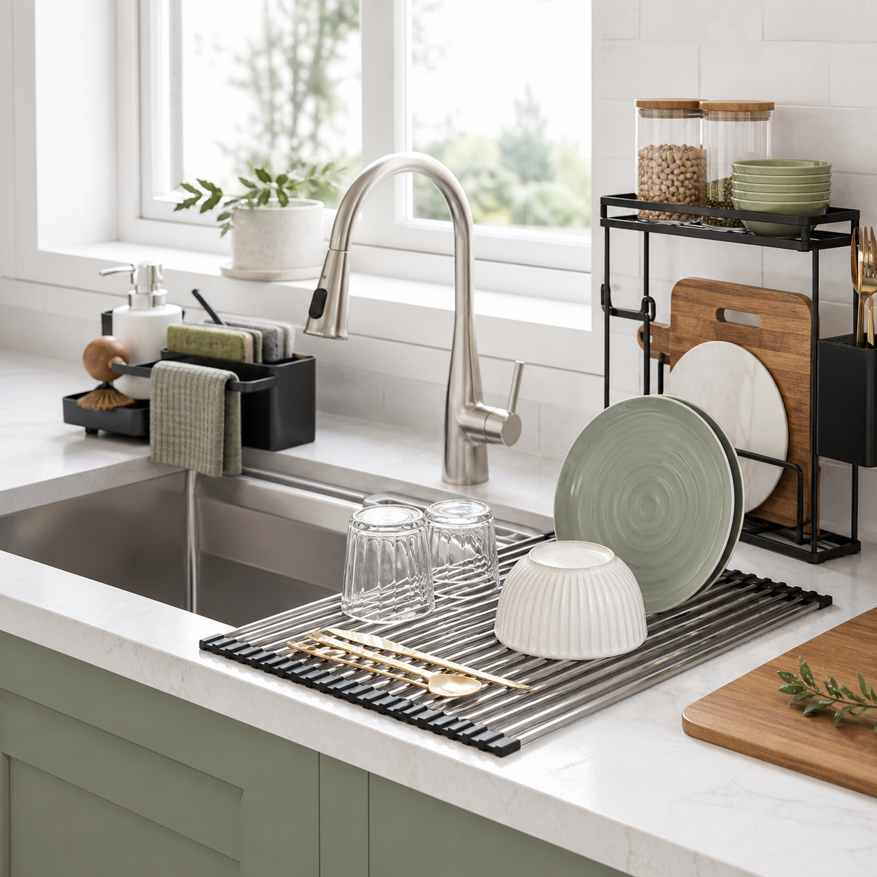 Expandable roll-up sink drying rack and kitchen storage organization