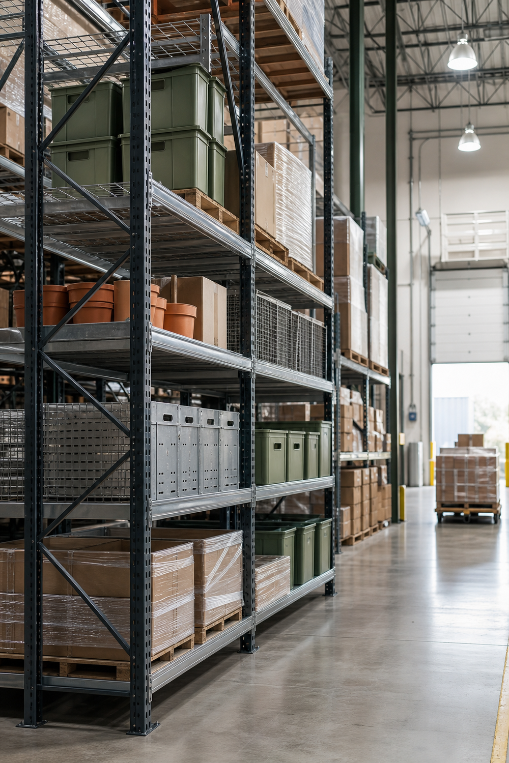 Warehouse shelving and industrial storage racks in an organized warehouse