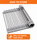 Roll-up over sink dish rack rolls compactly for space-saving storage