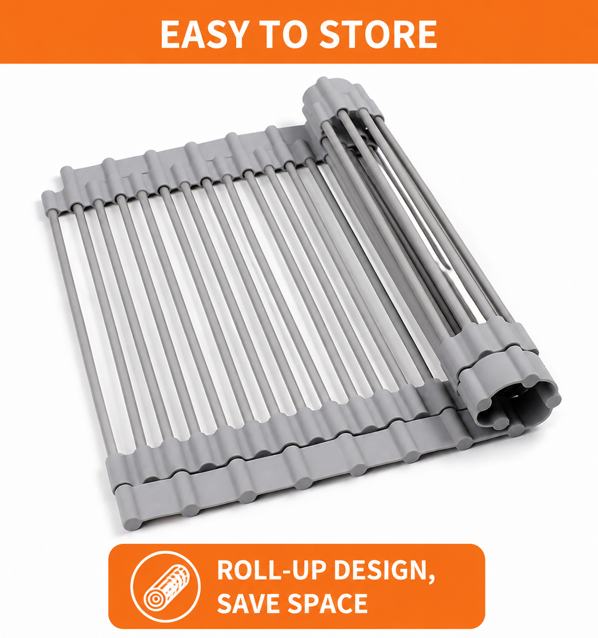 Roll-up over sink dish rack rolls compactly for space-saving storage