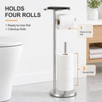 Freestanding holder with storage for four toilet paper rolls
